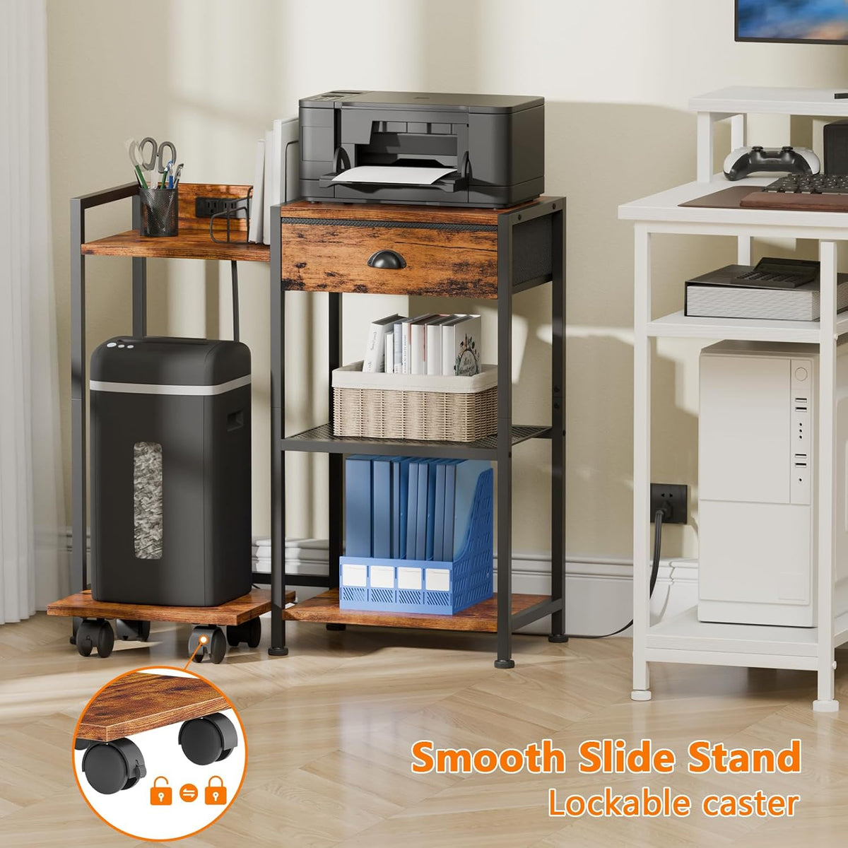 Printer Stand with Storage Drawer, 3 Tier, Wheels, Rustic Brown G76442
