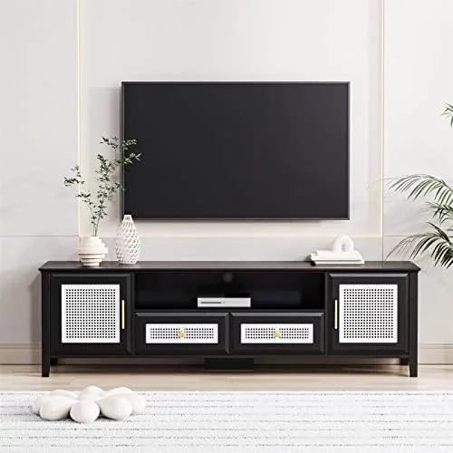 Black Boho TV Stand with 2 Cabinets 2 Drawers and Open Shelf V426