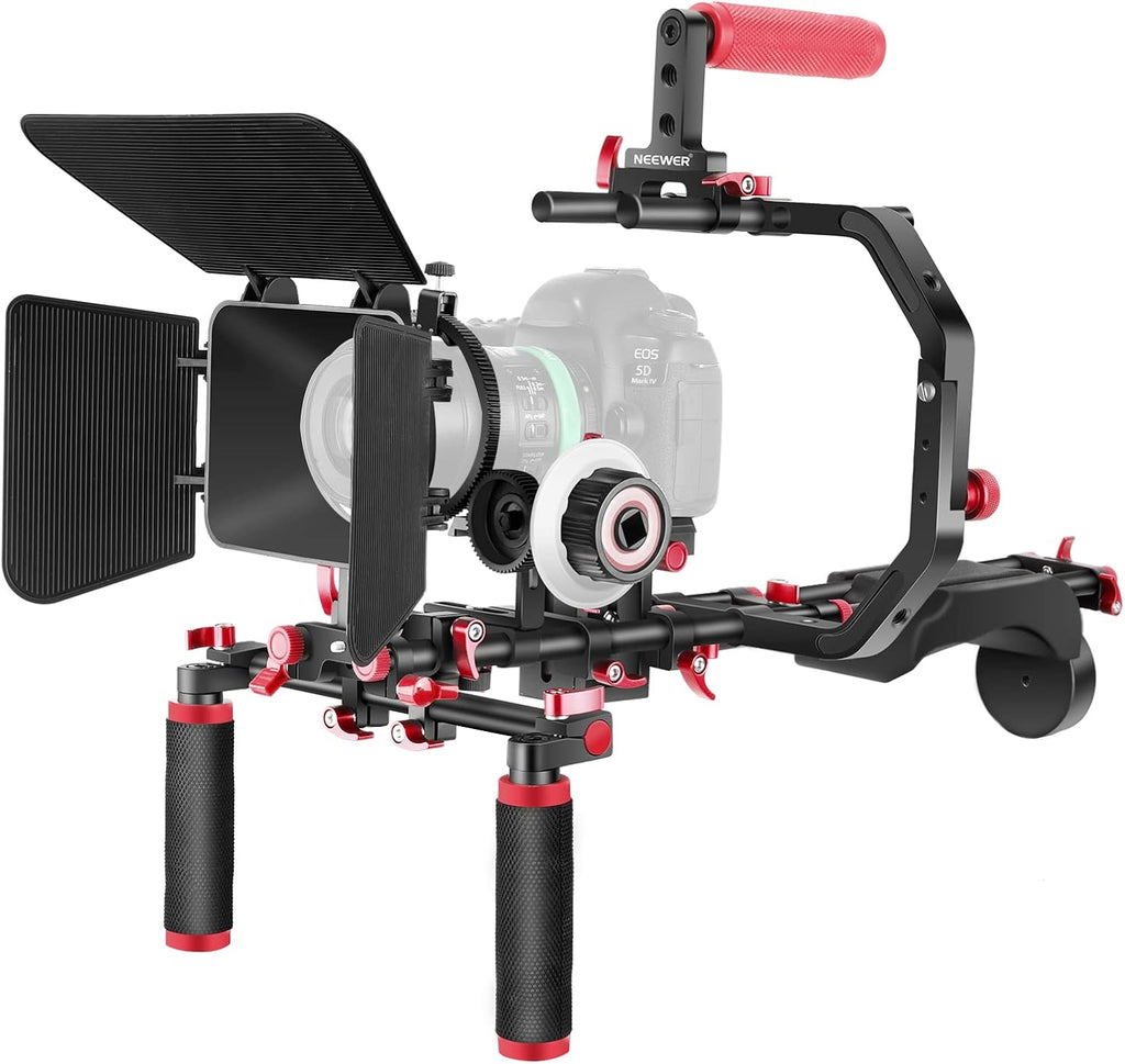 Shoulder Rig Kit with Matte Box, Follow Focus, 15mm Rods, Handgrip, 1/4” & 3/8” Threads (Red + Black) E956