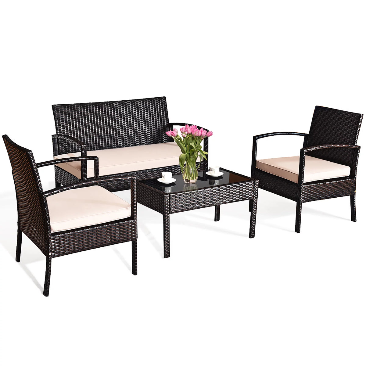 4 Pc Cushioned Patio Rattan Conversation Furniture Set Q8034