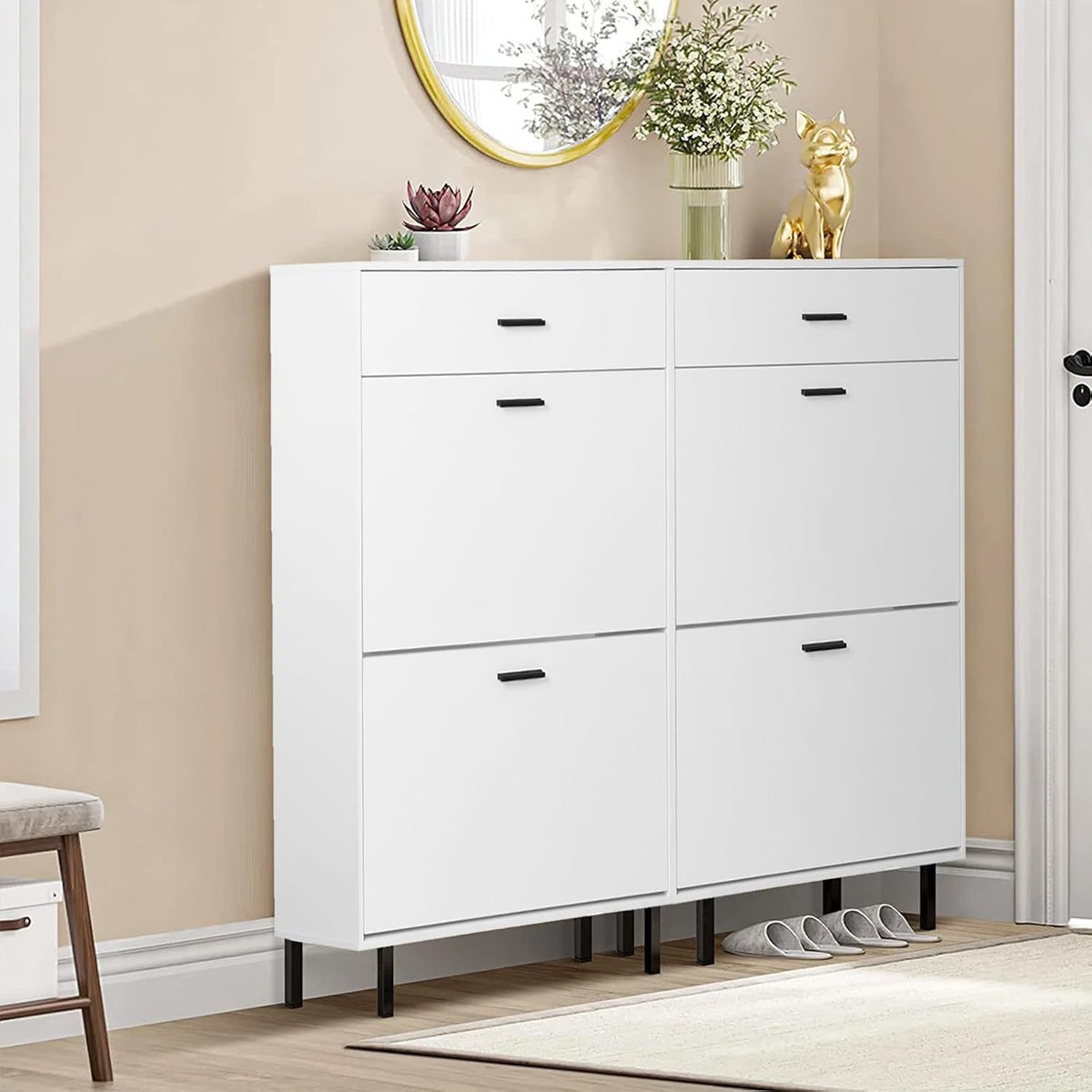 White Wooden Shoe Cabinet with 2 Flip Drawers N68875