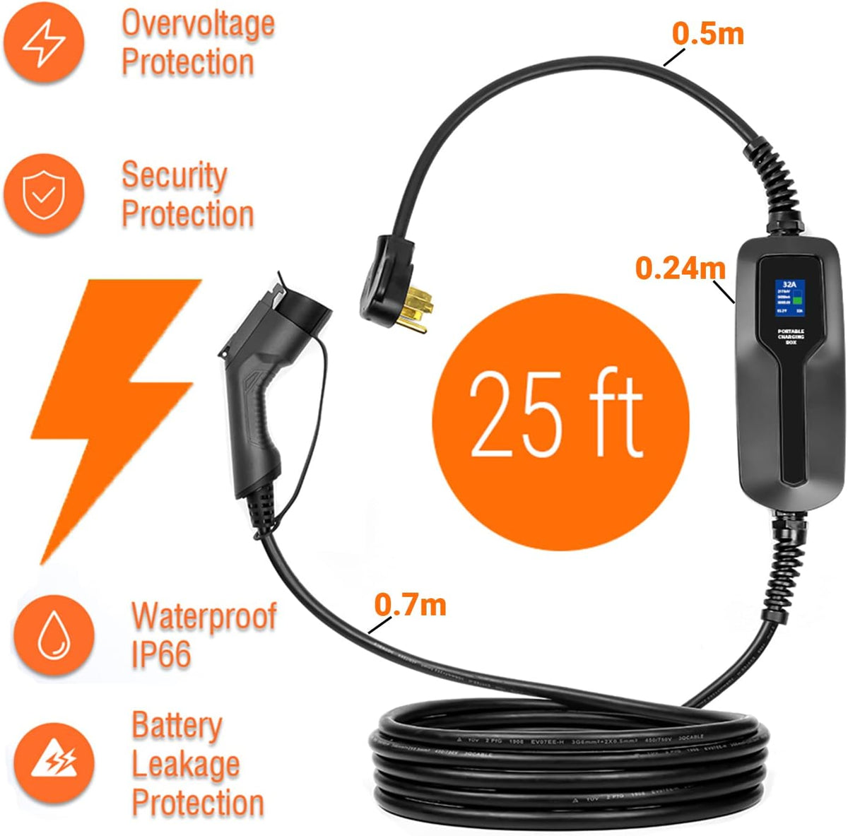 25ft 32A Electric Vehicle Level 2 EV Charger with NEMA 14-50 Plug P349514
