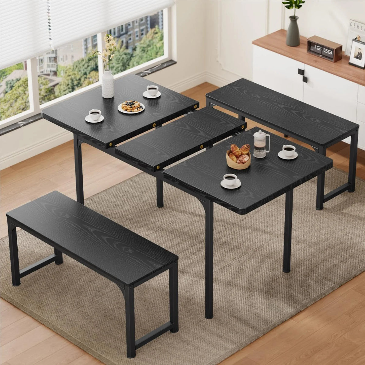 Black Extendable Dining Table Set with 2 Benches U893