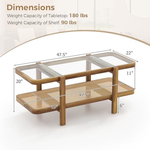 47.5" Rectangle Solid Wood Coffee Table with Tempered Glass Tabletop D438792