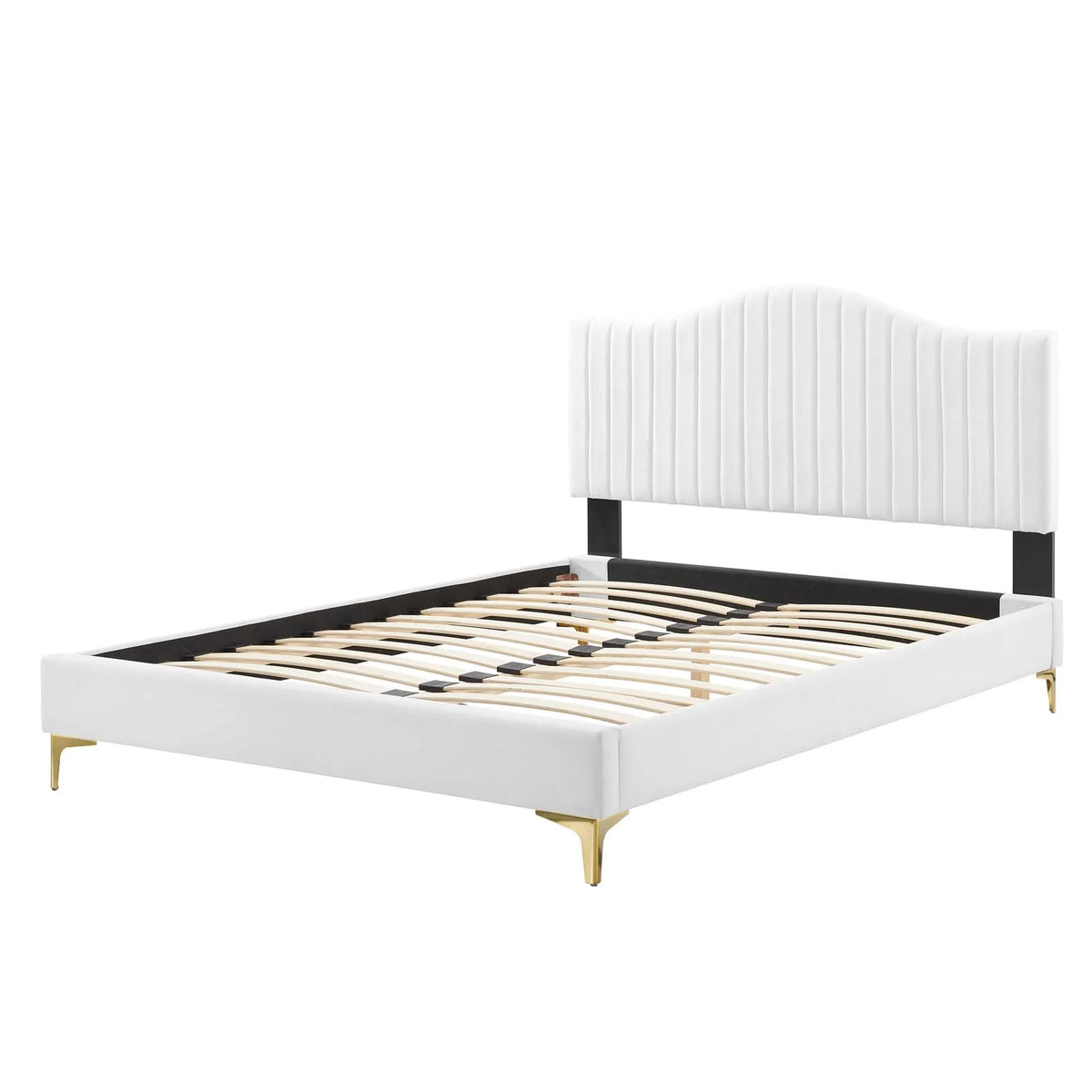 White Velvet Queen Size Tufted Platform Bed Frame S4784