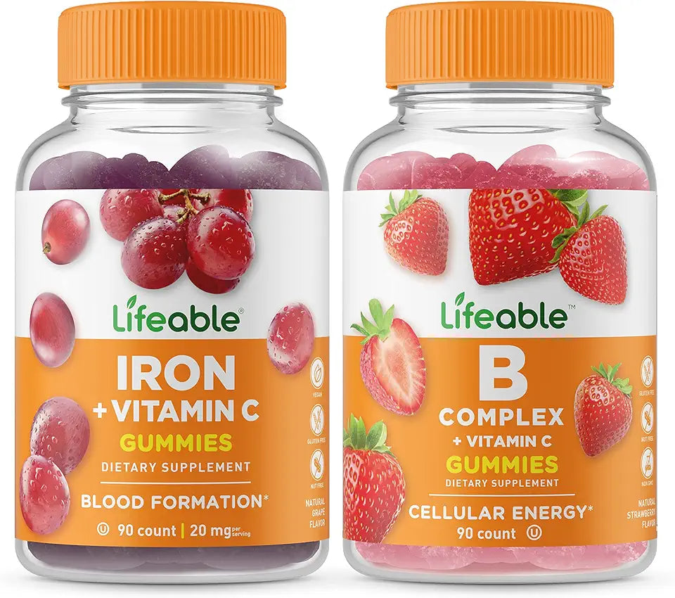 Iron with Vitamin C + B Complex Gummies Bundle Gluten Free Chewable Gummy A50197