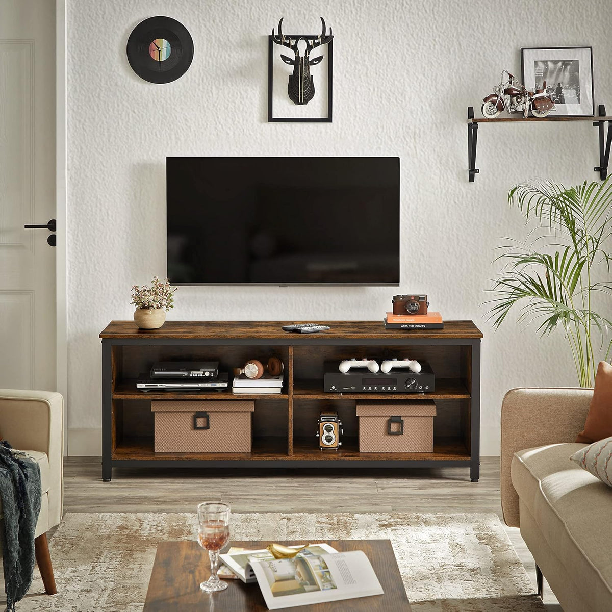 Rustic Brown and Black TV Stand with 4 Cubby and Adjustable Shelves S45467
