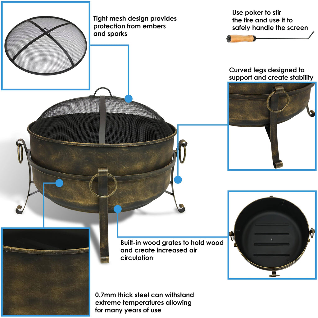 24 inch Steel Cauldron Fire Pit with Spark Screen A5354