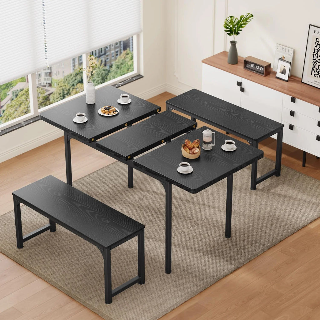 Black Extendable Dining Table Set with 2 Benches U893