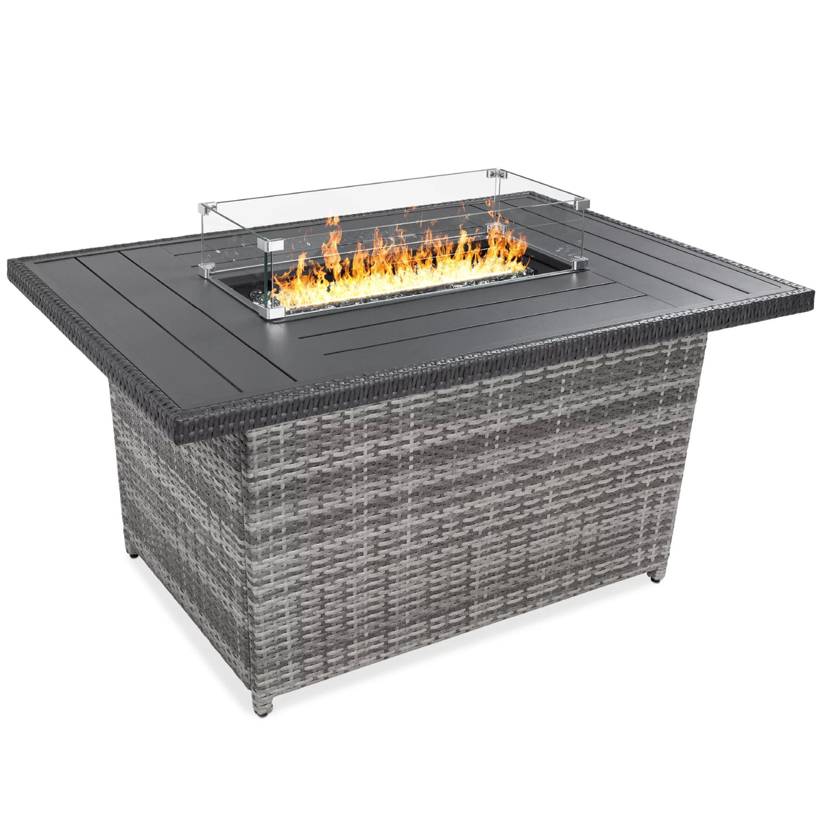 52in Gray Wicker Propane Gas Fire Pit Table with Glass Wind Guard F463