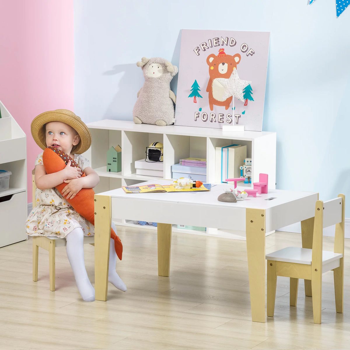 White 3 Pcs Kids Table and Chair Set with Storage Y3865