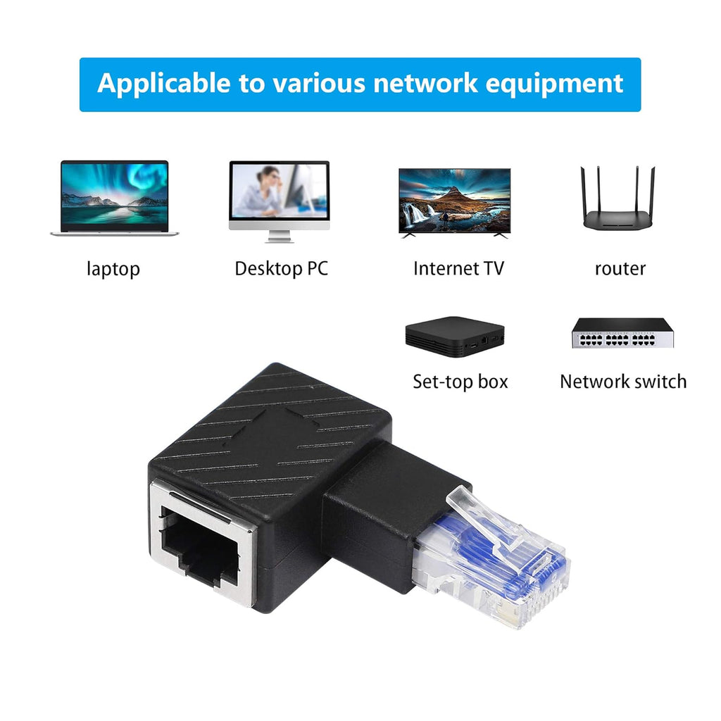 Left Angle Ethernet Adapter, 90 Degree RJ45 Male to Female Extension Cat6 LAN Network Connector (2-Pack) Black V61478