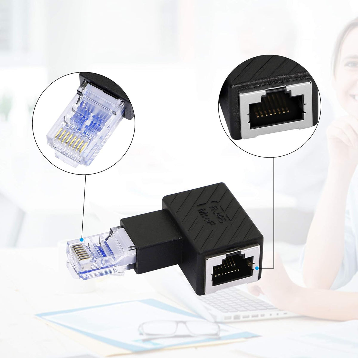 Left Angle Ethernet Adapter, 90 Degree RJ45 Male to Female Extension Cat6 LAN Network Connector (2-Pack) Black V61478