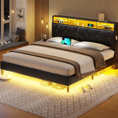 Creamy White Velvet Upholstered Full Size Bed Frame with Headboard Storage and LED Lights G9334