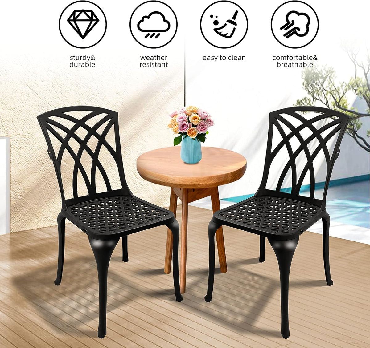 Black Set of 2 Cast Aluminum Outdoor Dining Chairs U472770