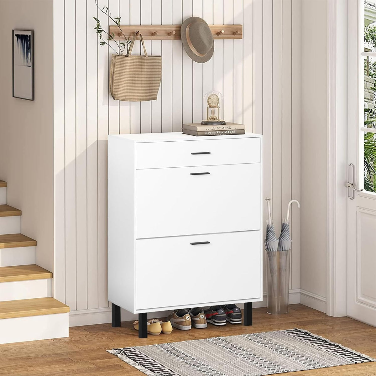 White Wooden Shoe Cabinet with 2 Flip Drawers N68875