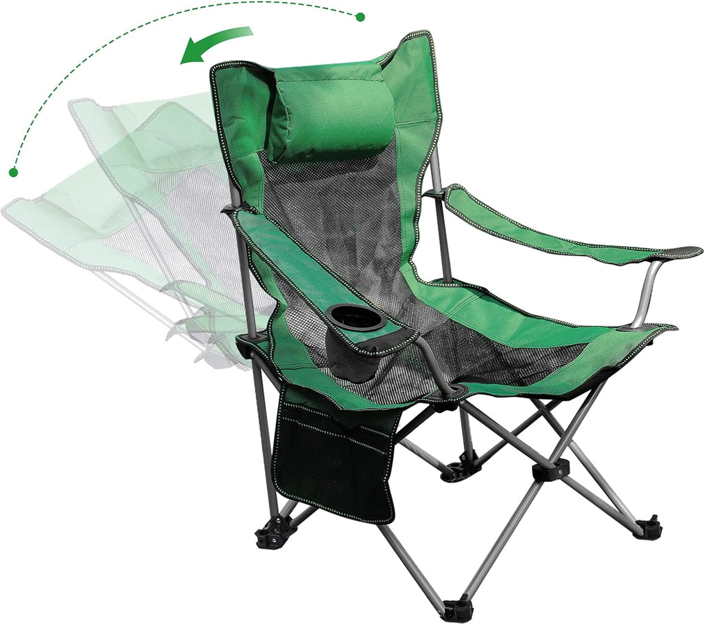 Green Folding Adjustable Recliner Camping Chair with Headrest Cup Holders Side Pocket V31031