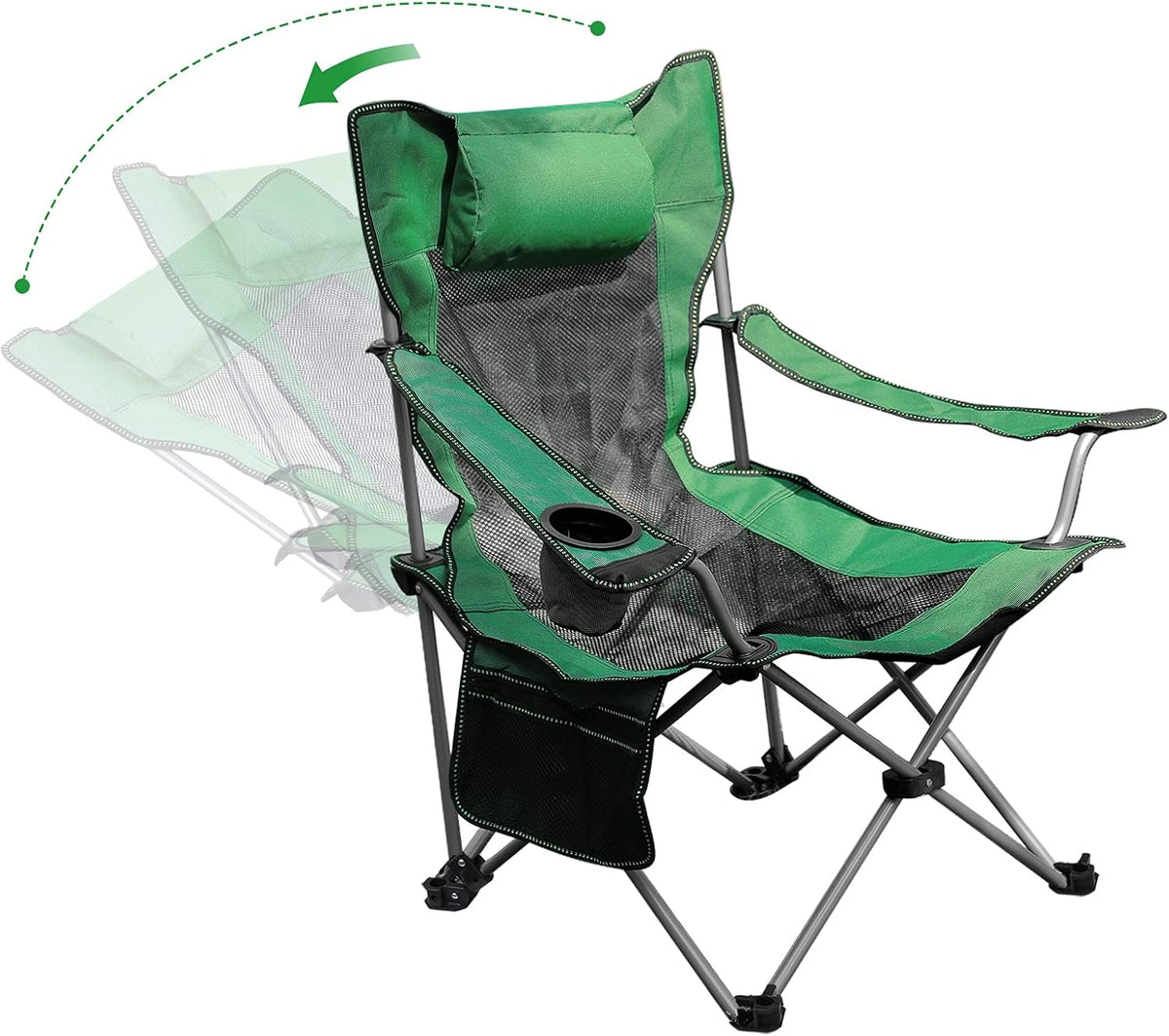 Green Folding Adjustable Recliner Camping Chair with Headrest Cup Holders Side Pocket V31031