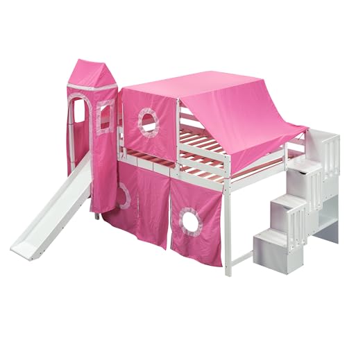 Full Loft Bed with Slide, Storage Stairs, and Tent, Dark Blue C5508
