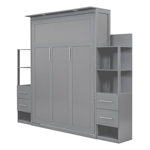 Gray Queen Size Wood Wall Bed with Shelves and Drawers N739