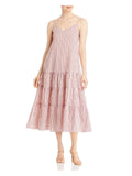 Beige Adjustable Pullover Tiered Skirt Striped Spaghetti Strap V Neck Midi Shift Dress V719