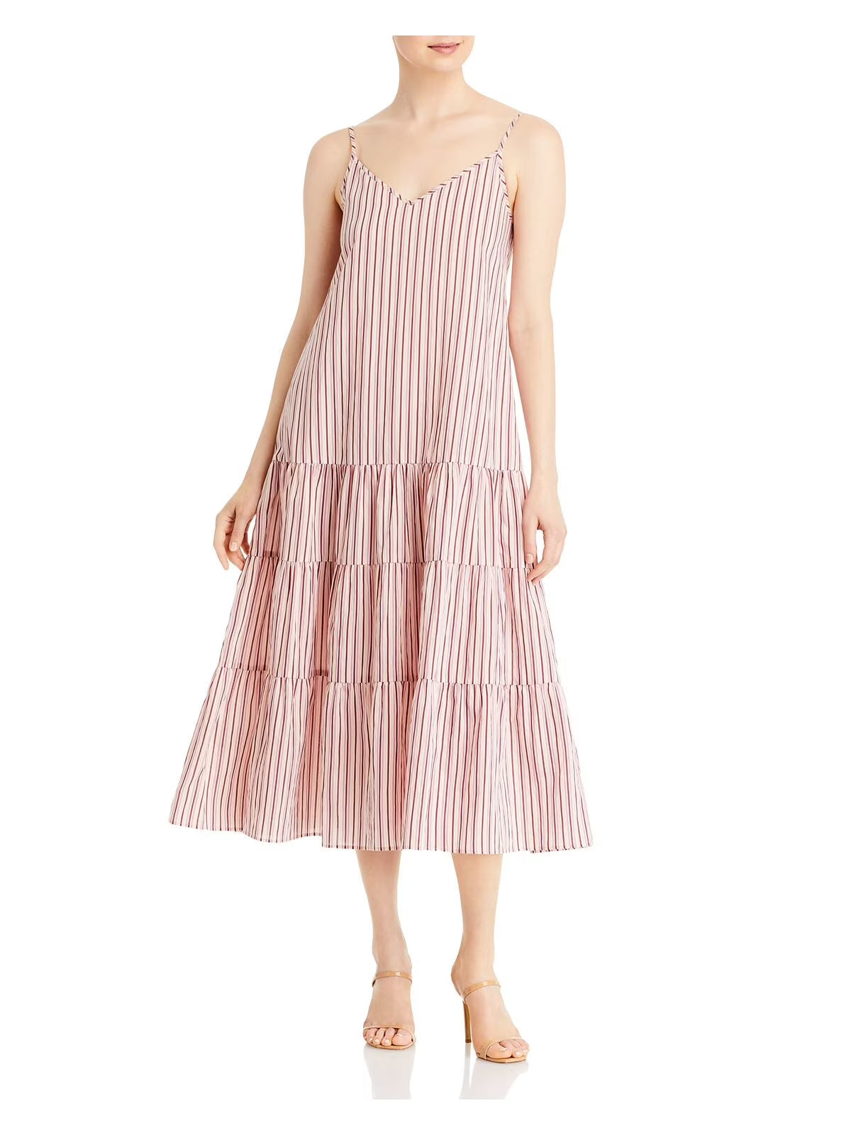 Beige Adjustable Pullover Tiered Skirt Striped Spaghetti Strap V Neck Midi Shift Dress V719