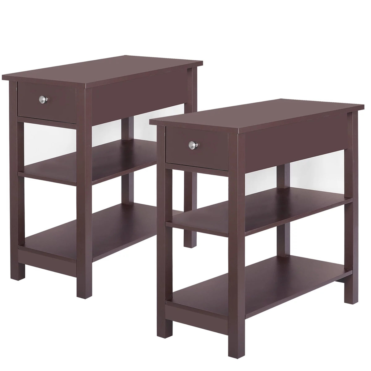 2 Pack 3-Tier Narrow MDF End Table with Drawer & Storage Shelf X4550