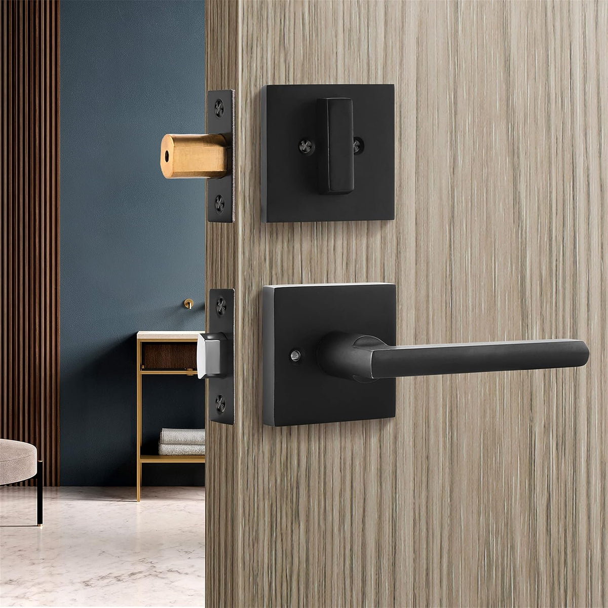 Matt Black Door Handle and Bolt Lock Set, Square Lever Heavy Duty W183147