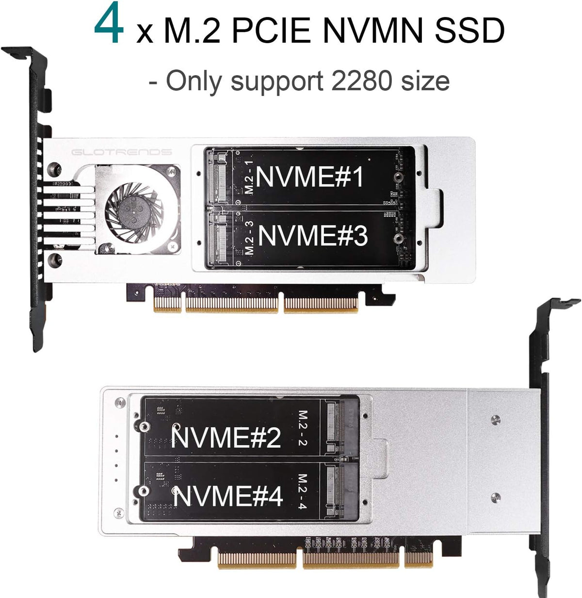 4-Bay M.2 NVME Adapter, PCIE 3.0 X8 Bandwidth, Full Aluminum Panel with Built-in Fan I528