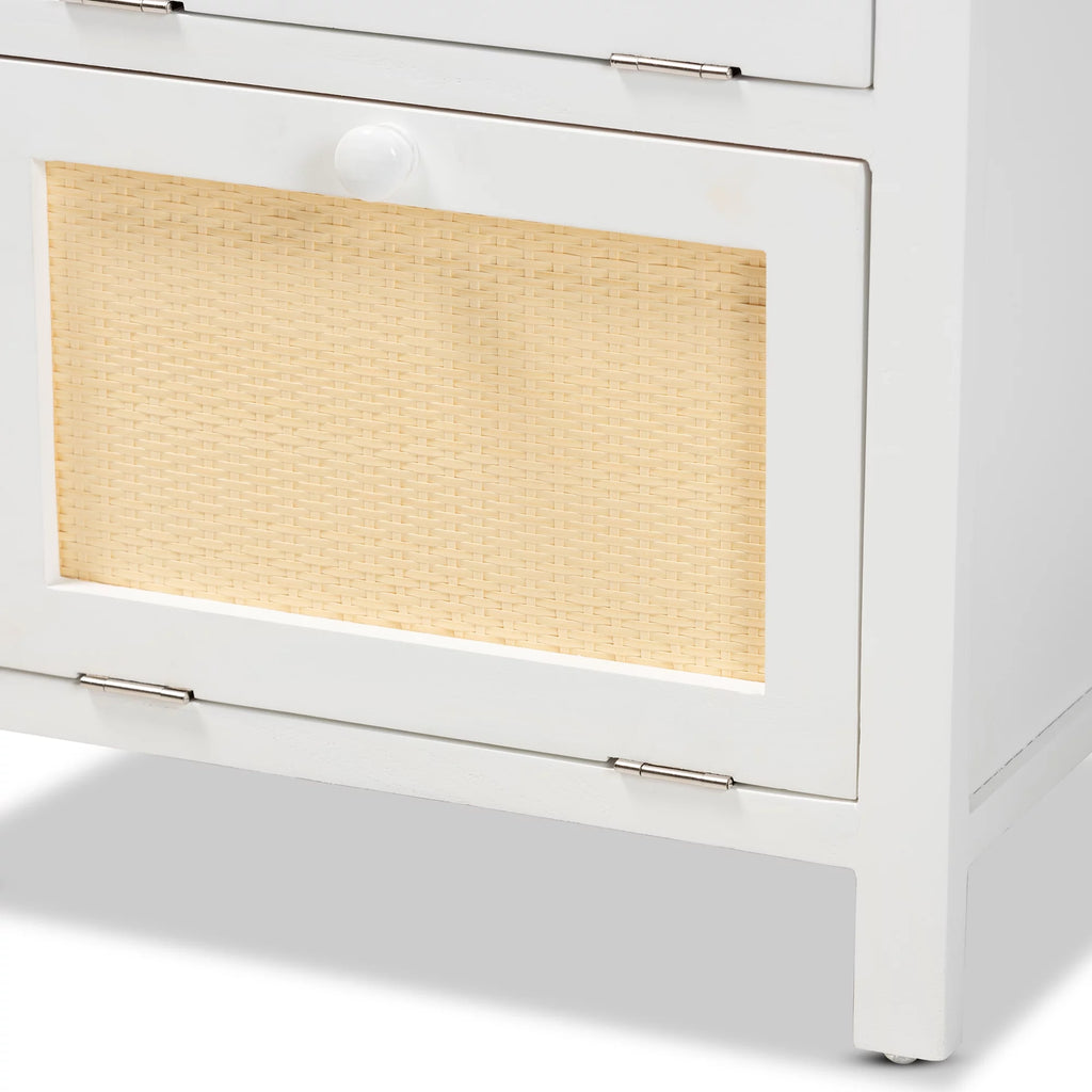 White Wood and Rattan 2-Door End Table C4618