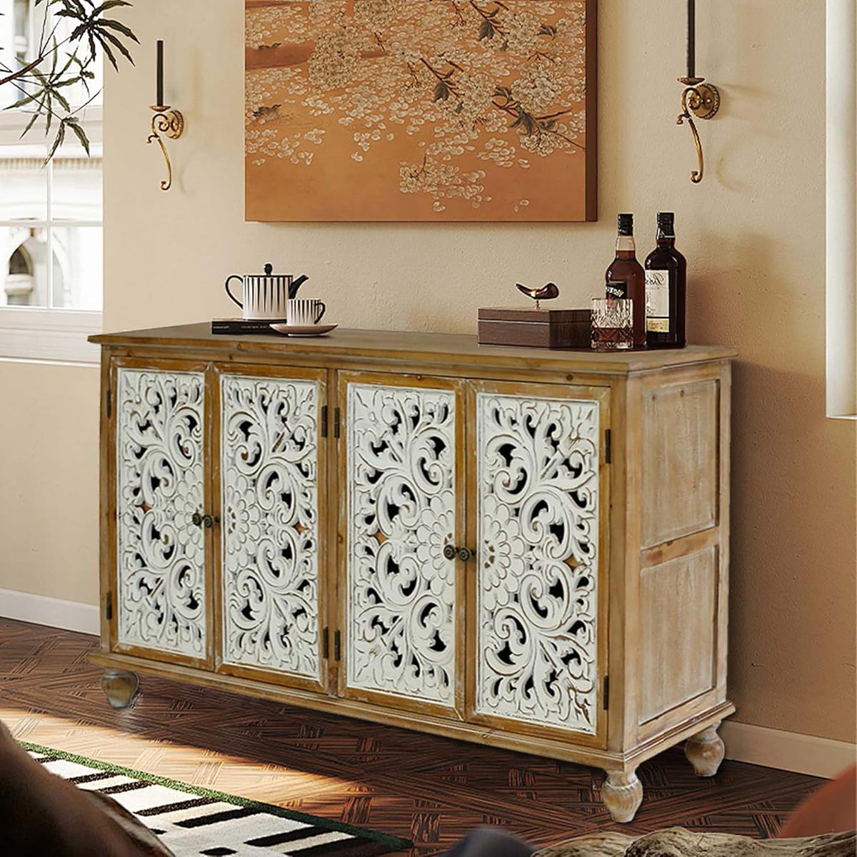 Accent Cabinet with 4 Doors and Wood Carved Floral Doors C951365
