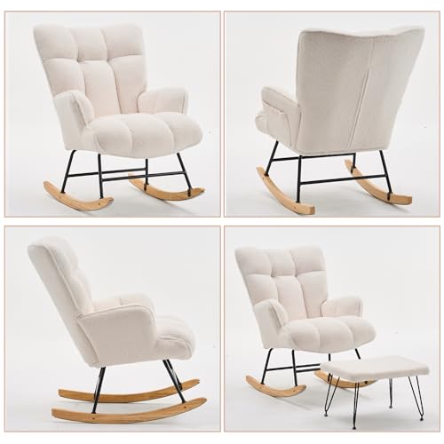White Teddy Upholstered Glider Rocker with Ottoman B75580