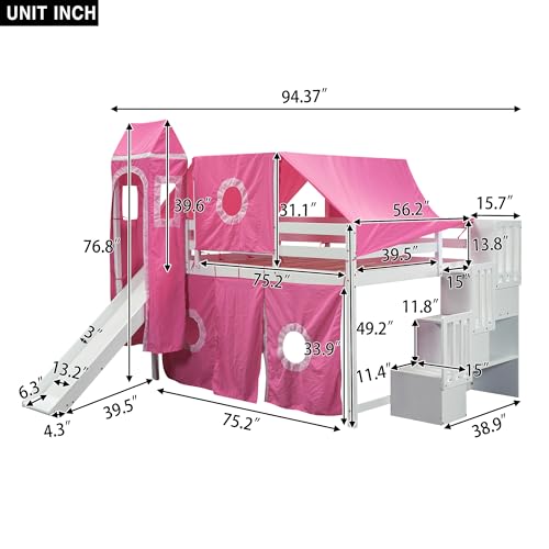 Full Loft Bed with Slide, Storage Stairs, and Tent, Dark Blue C5508