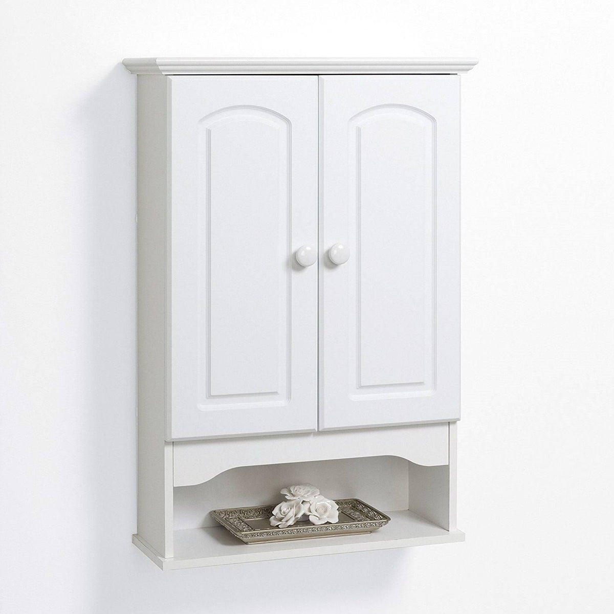 White 2-Door Bathroom Wall Cabinet with Open Storage Shelf Y8094
