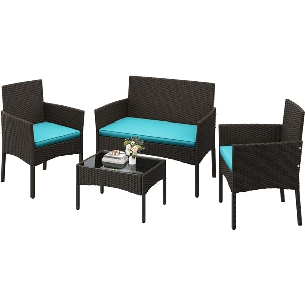 4 Pieces Rattan Wicker Patio Furniture Set with Cushion and Glass Table J981712