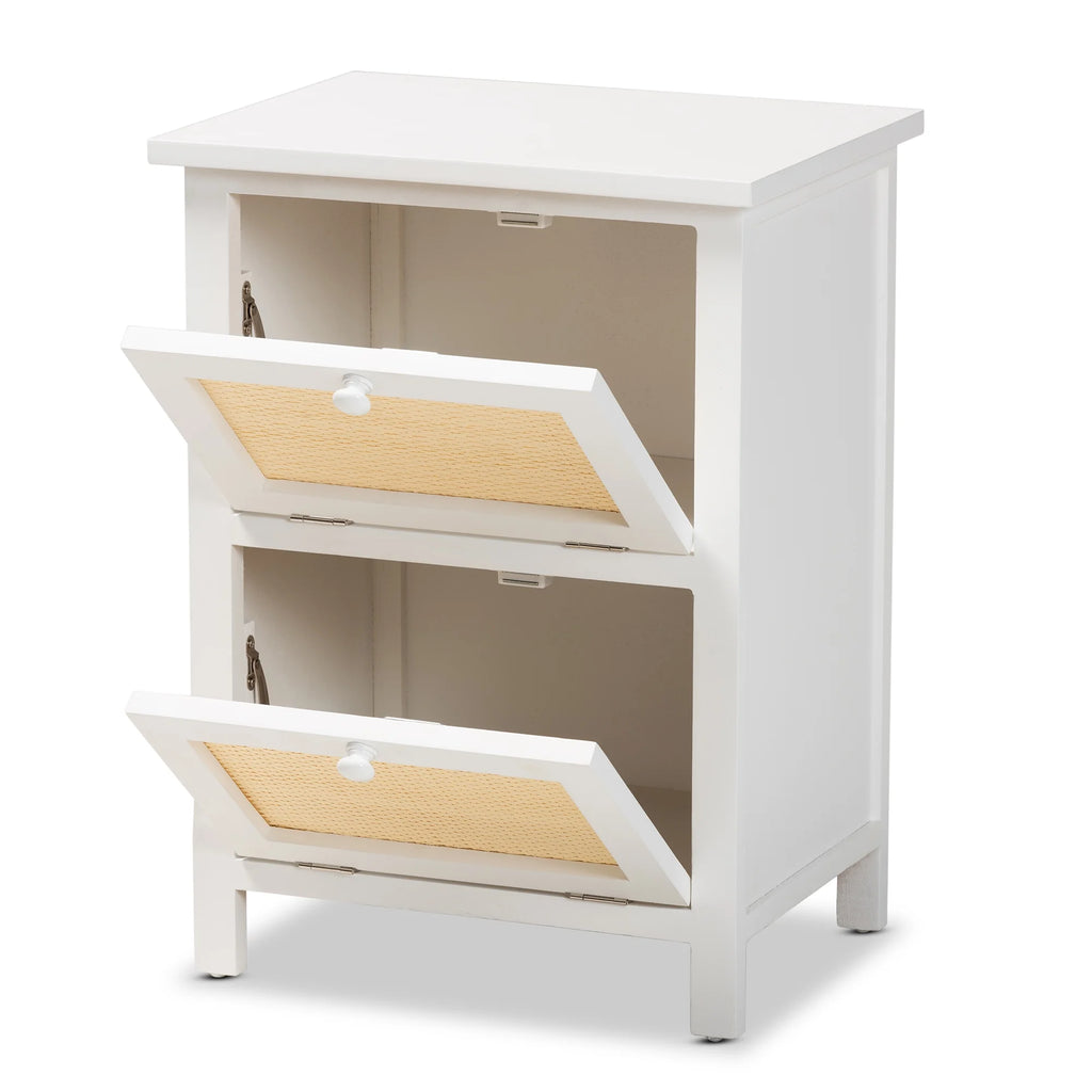 White Wood and Rattan 2-Door End Table C4618