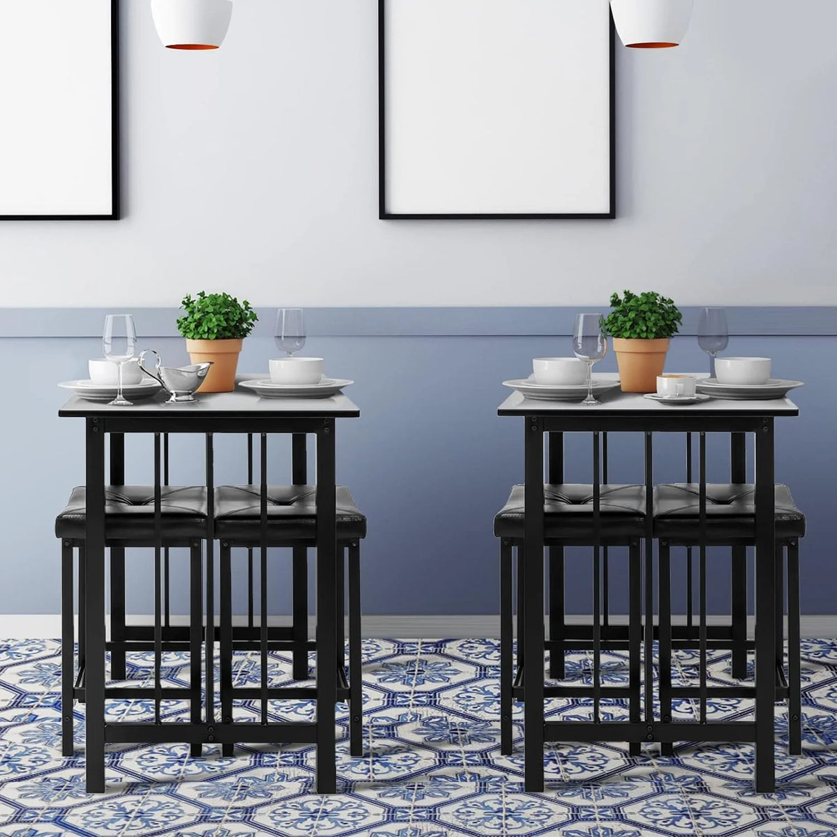Black 3 Piece Dining Table Set with 2 Faux Leather Backless Stools D2785