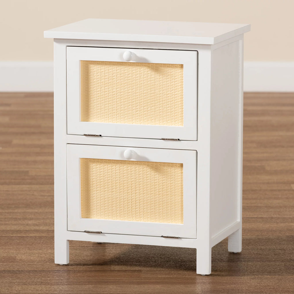 White Wood and Rattan 2-Door End Table C4618
