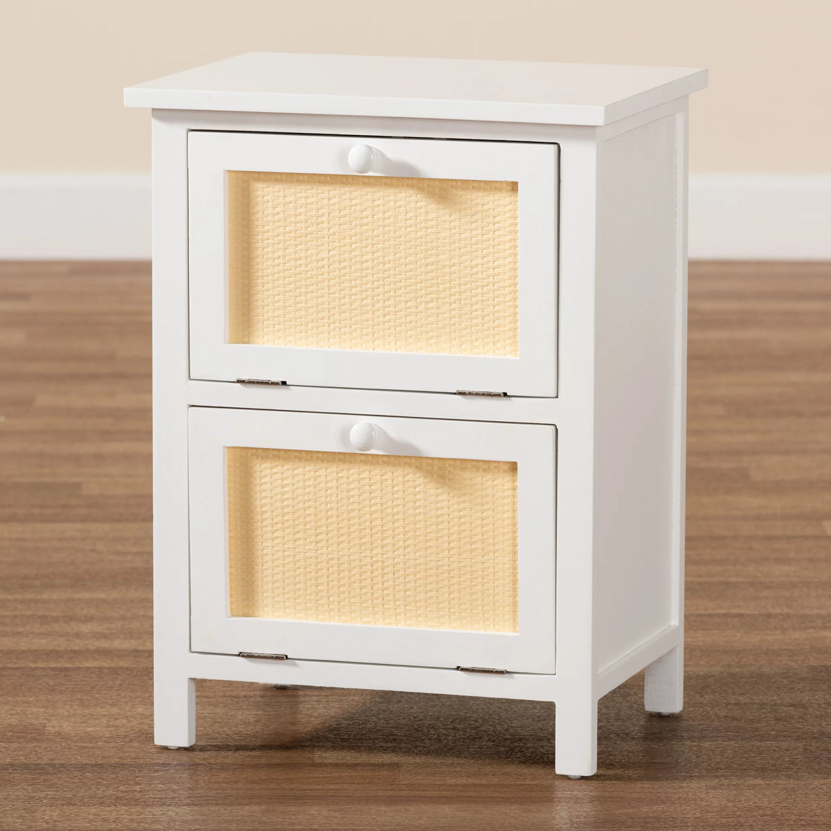White Wood and Rattan 2-Door End Table C4618