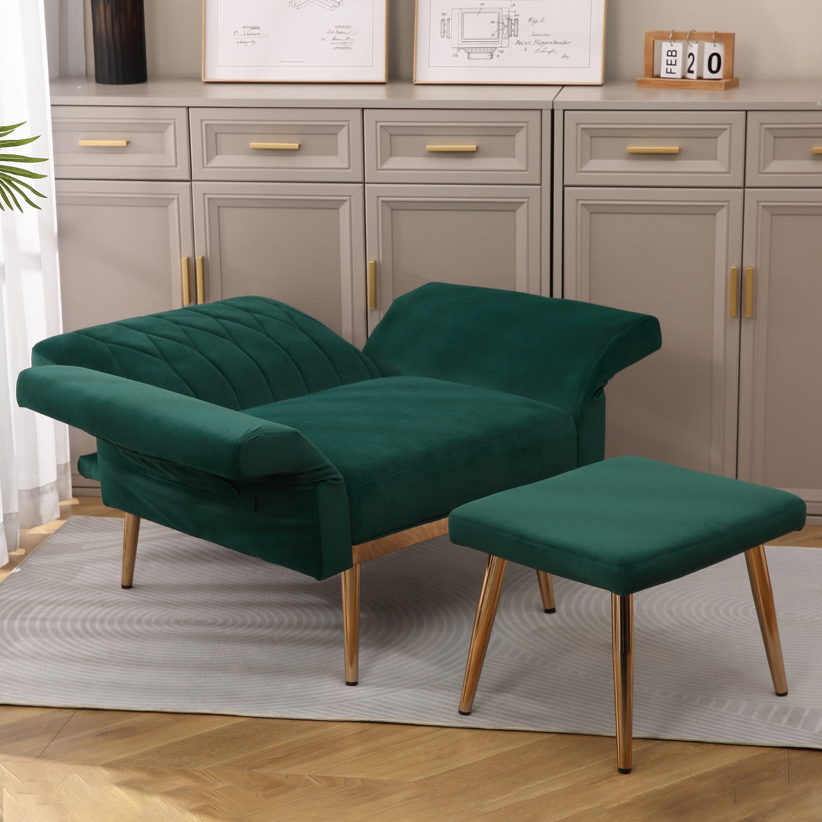 Velvet Accent Chair with Ottoman Set, Gold Legs, Upholstered Single Sofa J62366