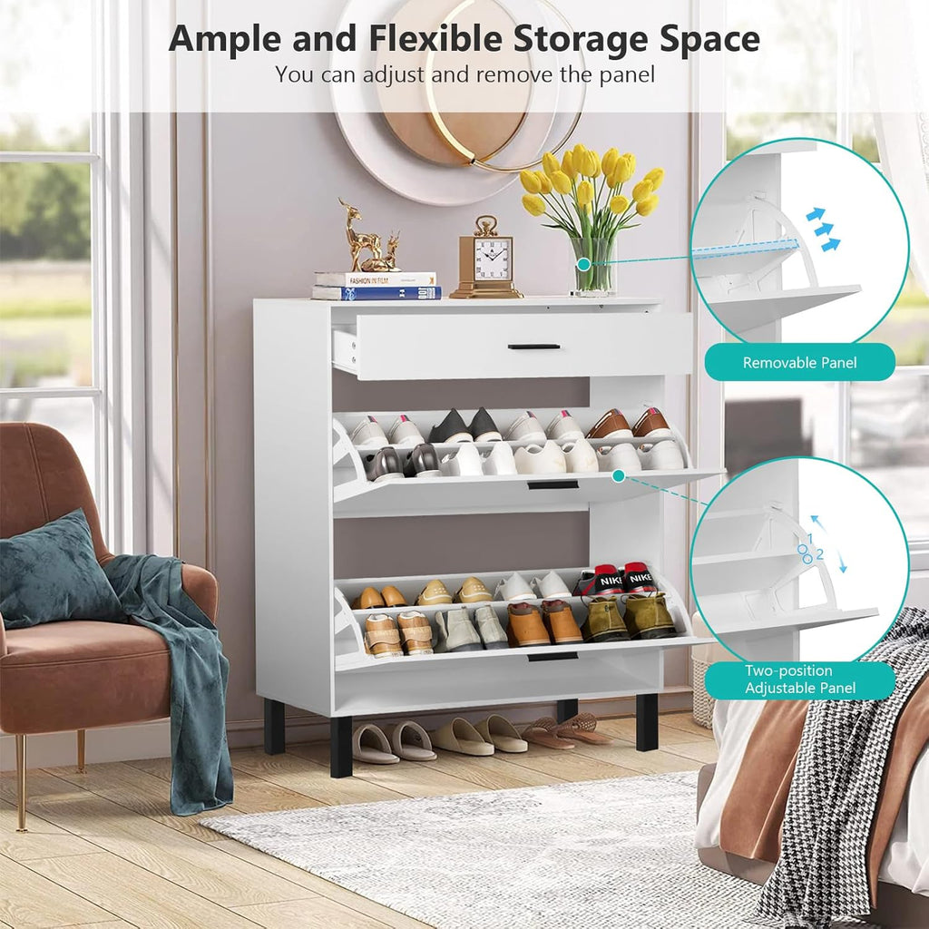 White Wooden Shoe Cabinet with 2 Flip Drawers N68875
