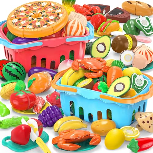 120 Pcs Cutting Play Food Toy with 2 Colors Storage Baskets T782