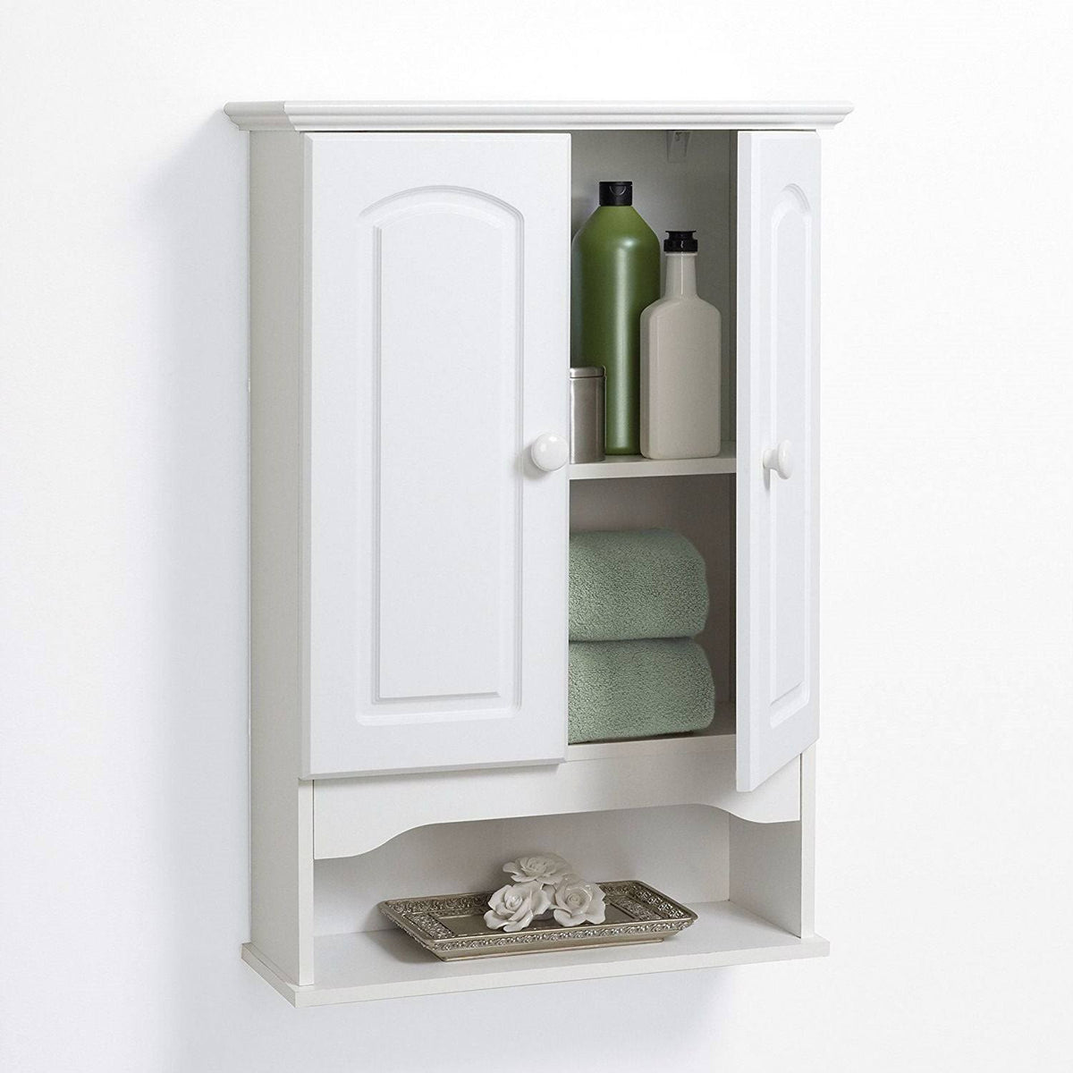 White 2-Door Bathroom Wall Cabinet with Open Storage Shelf Y8094