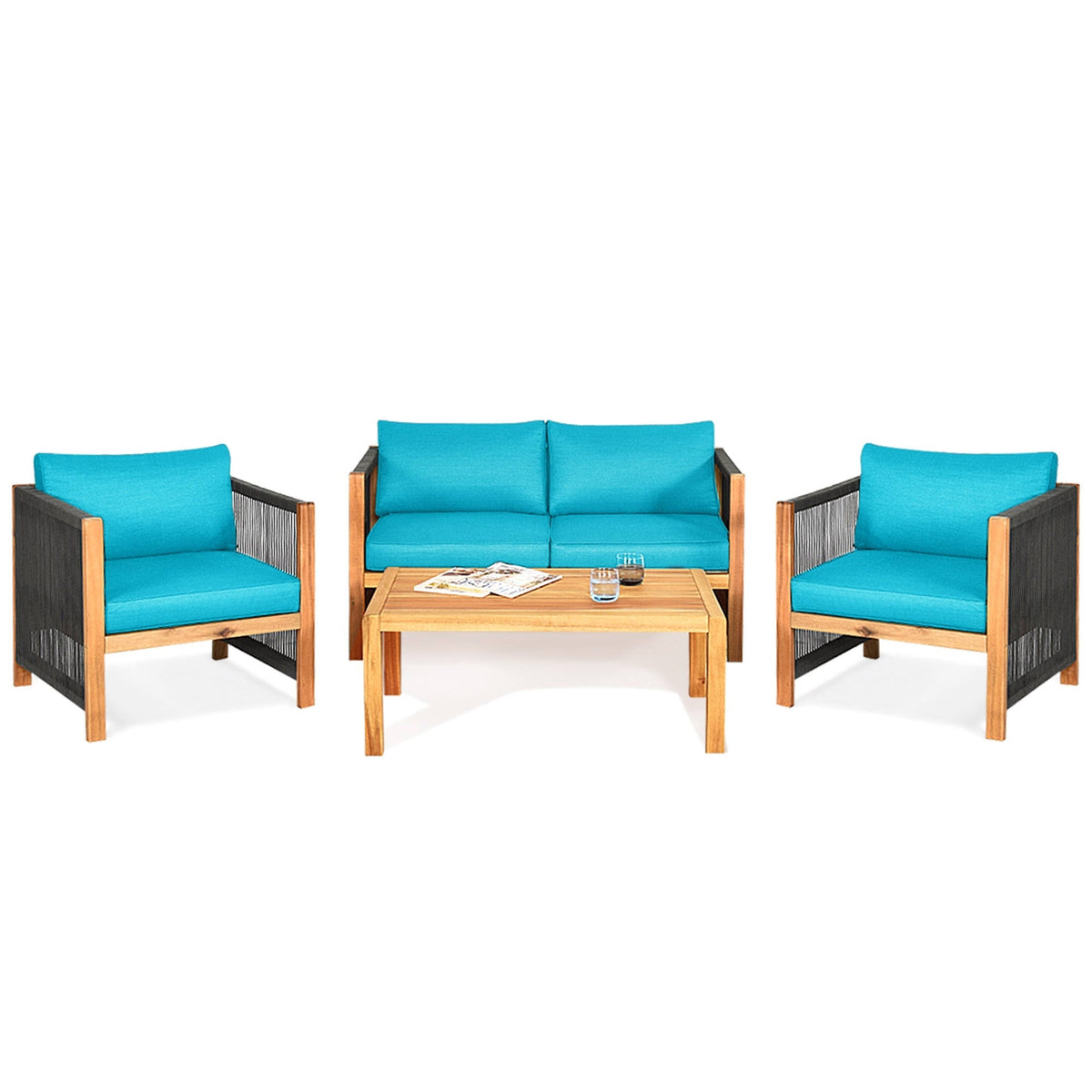 4 Pc Acacia Wood Outdoor Patio Conversation Set T464329