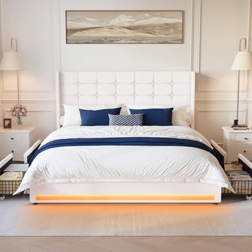 Queen Size White Velvet Upholstered Platform Bed Frame with 4 Storage Drawers G70245