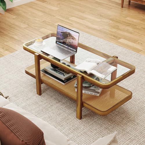 47.5" Rectangle Solid Wood Coffee Table with Tempered Glass Tabletop D438792
