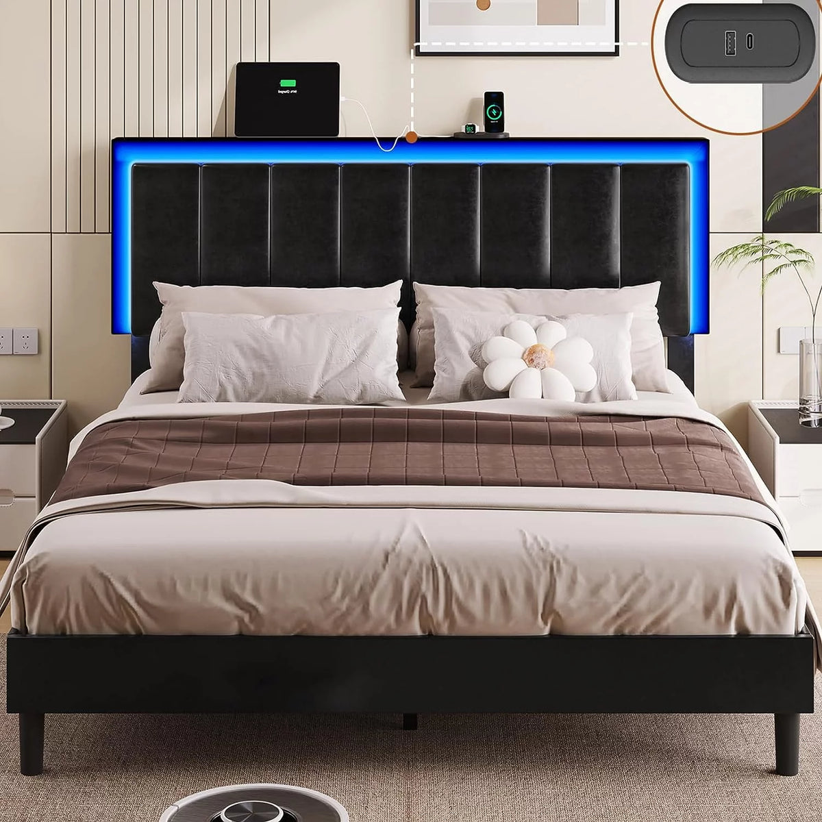 Queen Bed Frame with Headboard and LED Light V6579