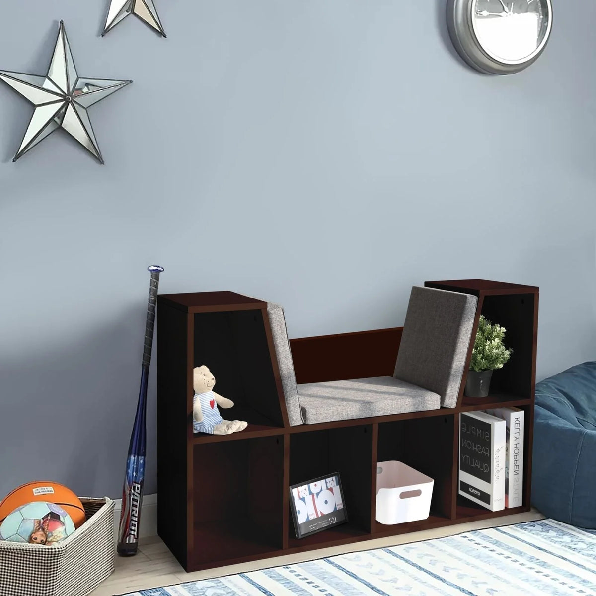White Kids Storage Cabinet Bookcase with Cushions R759795
