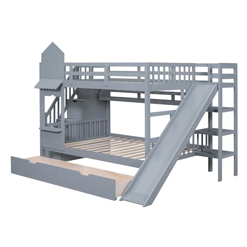Full Over Full Solid Wood Bunk Bed with Slide and Storage Staircase K25787