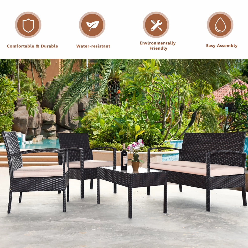 4 Pc Cushioned Patio Rattan Conversation Furniture Set Q8034